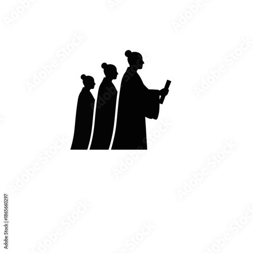 Confucianism leadership and virtue silhouette. Master and disciples training concept. Traditional Asian scholar vector illustration isolated on transparent background