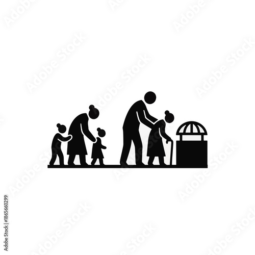 Filial piety and aging family care concept. Black silhouette vector illustration of generations helping elderly parents