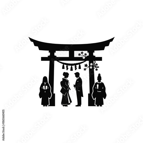 Shinto wedding ceremony silhouette. Traditional Japanese marriage at a shrine with torii gate. Minimalist flat vector illustration isolated on transparent background