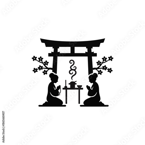 Shinto daily gratitude ritual silhouette. Japanese tradition and prayer concept. Minimalist vector illustration isolated on transparent background