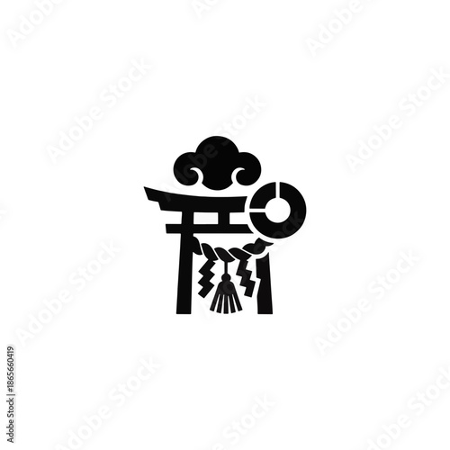 Shinto shrine symbols black silhouette. Minimalist Torii gate with Shimenawa rope and cloud. Modern Japanese art vector illustration isolated on transparent background