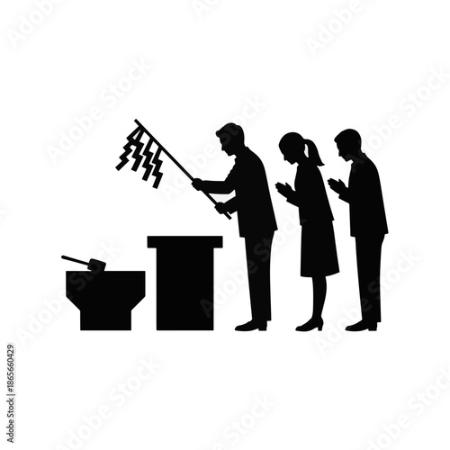 Shinto purification ritual silhouette. Business people participating in a traditional Japanese ceremony. Vector illustration isolated on transparent background