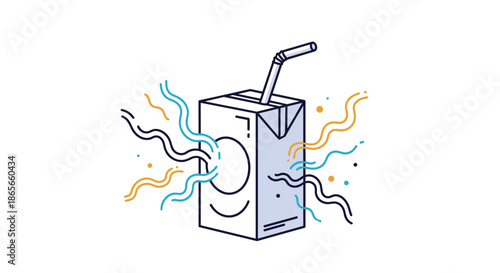 Juice carton with a straw emitting vibrant wavy lines and dots representing aroma or fresh flavor on an isolated white background for branding.