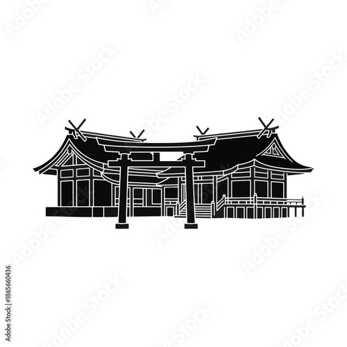 Black silhouette of a Shinto shrine and torii gate. Traditional Japanese architecture vector illustration. Historical temple icon isolated on transparent background