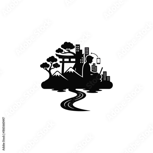 Japanese tradition and modern lifestyle silhouette. Vector illustration of a person working on a laptop with Torii gate, Mount Fuji, and city buildings. Minimalist flat design graphic