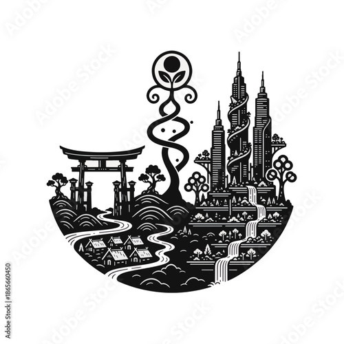 Shinto nature worship silhouette. Traditional village and futuristic urban city concept. Minimalist black vector illustration isolated on transparent background