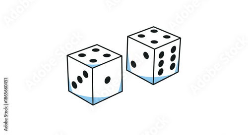 Pair of white gaming dice with black pips showing various numbers isolated on a white background for gambling and board game illustrations.