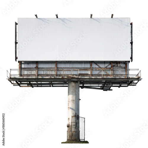 Large blank white billboard on concrete pole with metal frame and railing empty advertisement, Png Isolated On White, Transparent Background