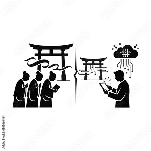 Shinto oral myths versus digital storytelling vector illustration. Black silhouette flat design of tradition vs technology. Japanese culture and modern innovation concept isolated