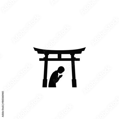 Shinto torii gate and praying person silhouette. Japanese shrine visit icon. Minimalist flat vector illustration isolated on transparent background