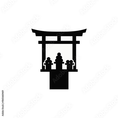 Shinto shrine altar with traditional offerings silhouette. Japanese culture and religion vector icon. Minimalist flat design illustration isolated on transparent background