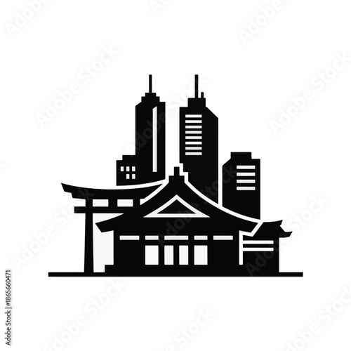 Shinto shrine and modern city skyline silhouette. Traditional Japanese architecture and urban skyscrapers vector illustration. Minimalist flat design icon isolated