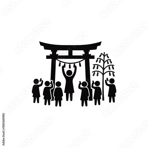 Shinto shrine people tying wishes at torii gate. Black silhouette vector illustration. Japanese culture and tradition icon isolated on transparent background