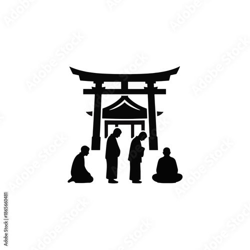 Shinto shrine visit silhouette. People praying at Japanese temple. Torii gate and shrine building vector illustration. Minimalist black icon isolated