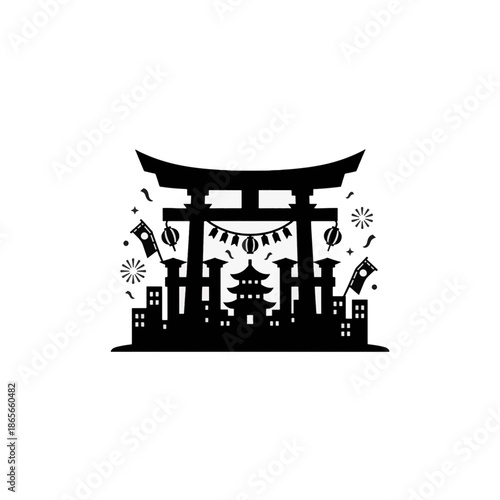 Shinto festival in city silhouette. Japanese torii gate and pagoda vector illustration. Traditional matsuri celebration with lanterns and fireworks. 