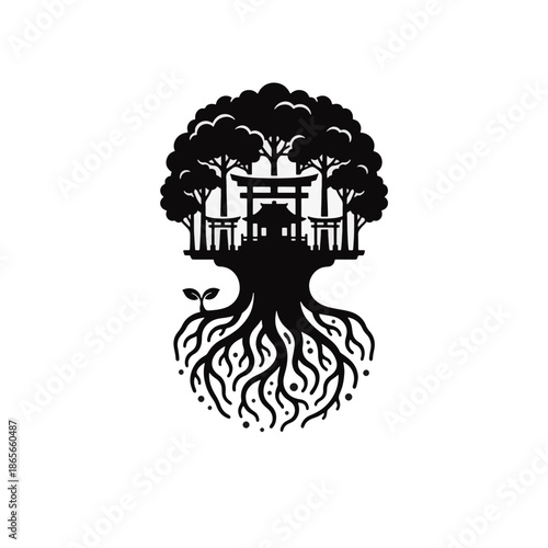 Shinto shrine and sacred forest tree silhouette. Minimalist torii gate and root system vector illustration. Japanese culture and sustainability concept isolated on transparent background