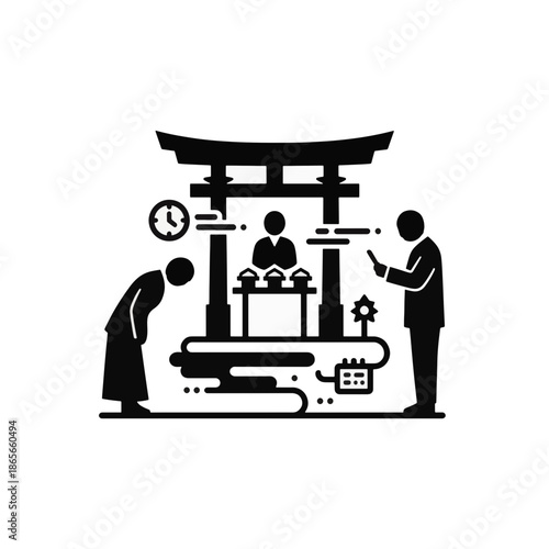 Shinto shrine ceremony and modern schedule concept. Black silhouette vector illustration of torii gate with people and technology. Minimalist flat design isolated on transparent background