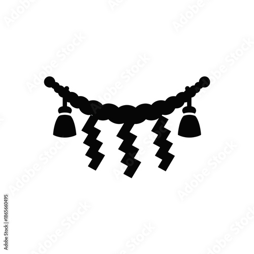 Shinto shimenawa sacred rope silhouette. Japanese shrine decoration with shide and bells. Minimalist flat vector icon isolated on transparent background