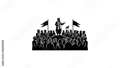 Sikhism historical gathering silhouette. Leader addressing a crowd for social equality. Flat vector illustration isolated on transparent background