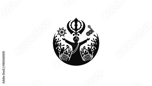 Sikhism unity and festival celebration silhouette. Khanda and cultural symbols vector illustration. Flat design graphic isolated on transparent background