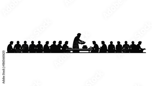 Black silhouette of Sikhism Langar community kitchen. People sitting and serving food illustration. Equality and charity concept vector isolated on transparent background