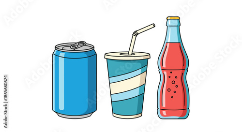 Variety of beverage containers including a blue aluminum can, a striped paper cup with straw, and a red glass soda bottle in a row.