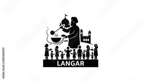 Sikhism Langar community kitchen silhouette. Flat vector illustration of food service and equality. Black graphic isolated on transparent background