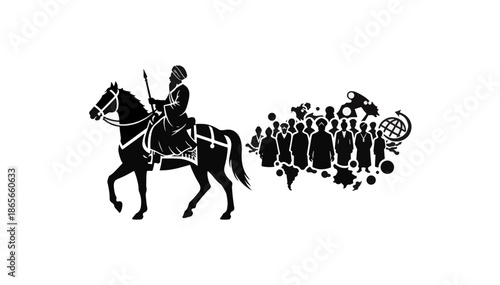 Sikhism historical horse travel and modern global movement. Black silhouette vector illustration. Sikh diaspora and heritage concept isolated on transparent background