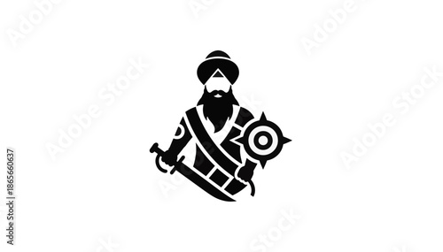 Sikh warrior silhouette vector illustration. Minimalist black icon of a Khalsa Nihang with turban, sword and shield. Cultural graphic isolated on transparent background