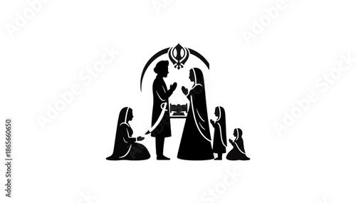 Sikh wedding silhouette illustration. Traditional Punjabi marriage ceremony with Khanda symbol. Minimalist flat vector graphic isolated on transparent background