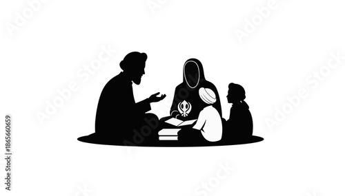 Sikh family teaching children core values. Black silhouette vector illustration of Sikhism religious education. Minimalist graphic isolated on transparent background
