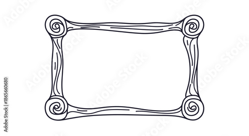 Ornate decorative rectangular frame with swirled corners in a classic hand-drawn line style isolated on a plain white background for design.