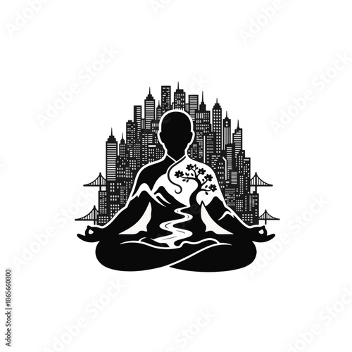 A conceptual silhouette of a person meditating. Vector illustration showing the balance between urban city life and inner nature. Graphic symbol for yoga, mindfulness, and wellness.