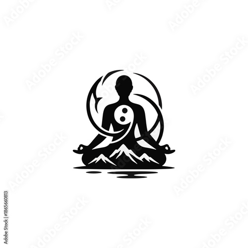 Silhouette of a person meditating with a yin yang symbol. Taoism and spiritual wellness concept. Vector logo icon for yoga and zen balance