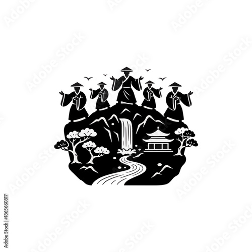 Silhouette illustration of Taoist monks on a mountain. Traditional Chinese landscape with a pagoda and waterfall. Black and white vector graphic for spiritual and cultural design