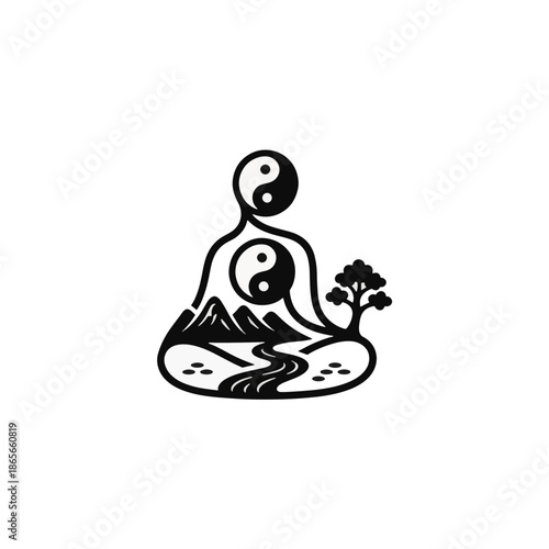 Yin Yang symbol in a meditating figure silhouette. Taoist concept of balance with nature. Minimalist black and white vector illustration