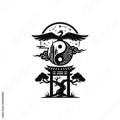 A black silhouette illustration of a yin yang symbol with a phoenix. Vector graphic fusing a modern city skyline with a traditional torii gate. Taoist concept of balance and harmony