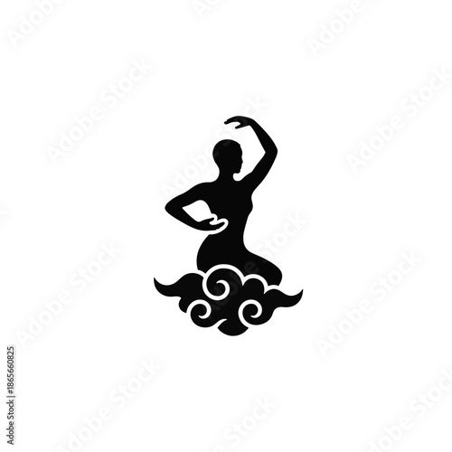 Silhouette of a celestial goddess dancing on a cloud. Asian mythology and spiritual wellness vector icon. Minimalist black glyph illustration.