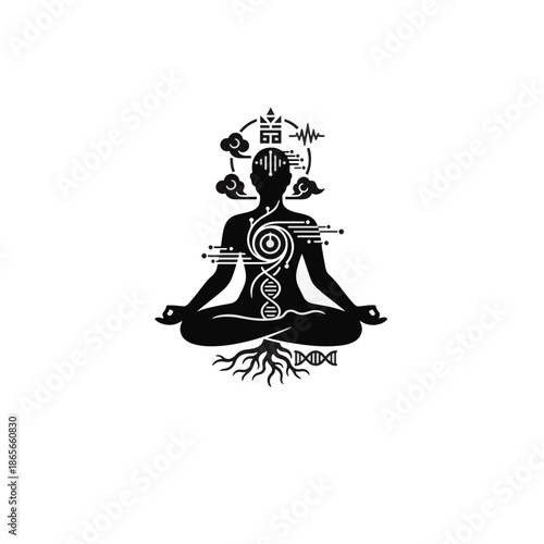 Spiritual wellness and meditation vector illustration. Black silhouette of a person in a lotus pose with DNA, roots, and energy symbols. Abstract concept of consciousness and science