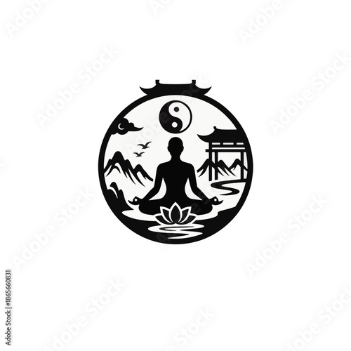 Spiritual yin yang and meditation silhouette icon. Vector illustration of a person in a lotus pose within an Asian landscape. Taoism and wellness retreat concept graphic.