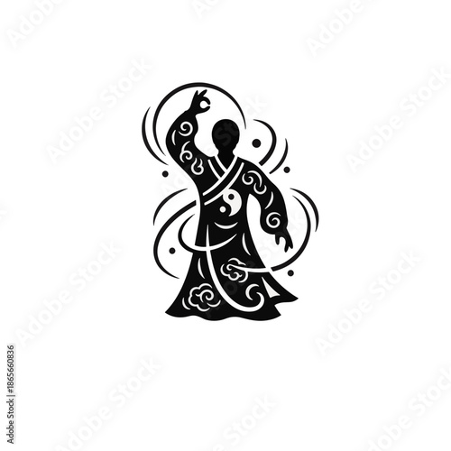 Taoist martial arts practitioner silhouette icon. Tai Chi or Qigong pose with a Yin Yang symbol. Stylized vector graphic for wellness and meditation