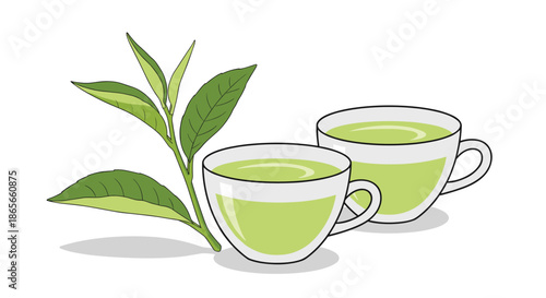 Two white ceramic cups filled with hot green tea placed next to fresh tea leaves on a white background for wellness and health.
