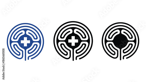 Abstract circular maze with medical cross symbol, representing healthcare navigation and solutions