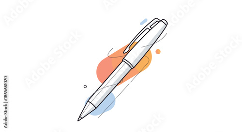 Professional white ballpoint pen with a clip and decorative colorful shapes in the background isolated on a plain white background.
