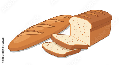 Traditional French baguette and a large loaf of sliced white bread arranged together for bakery and food industry marketing materials.