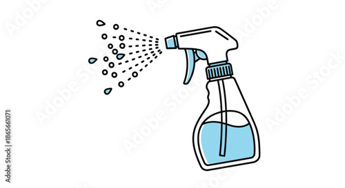 Plastic spray bottle dispensing a fine mist of blue liquid suitable for cleaning products, gardening tools, or hair styling accessories.