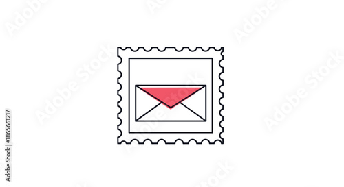 Rectangular postage stamp with decorative edges featuring a small white envelope with a red flap for mailing and postal service concepts.