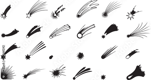 Diverse hand-drawn celestial objects including shooting stars comets and meteors