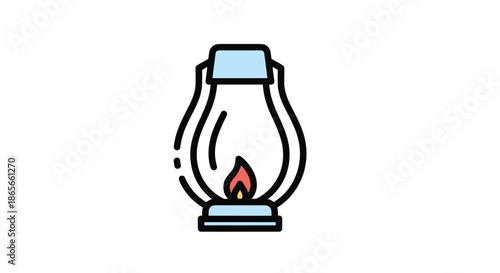 Vintage oil lantern with a glass chimney and a glowing orange flame inside used for camping, rustic lighting, and historical storytelling.