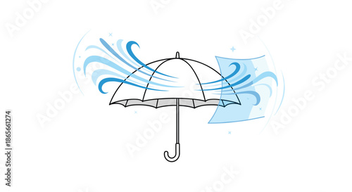 Open umbrella with wind gust patterns and a protective shield layer illustrating weather resistance, storm safety, and rain gear durability.